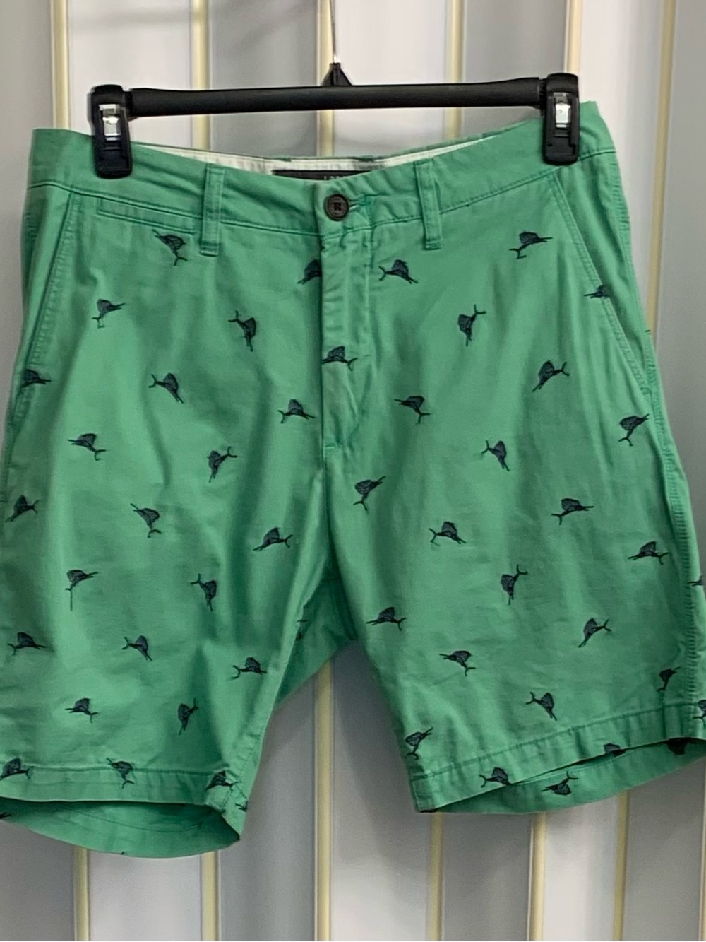 Men's Green Chino Marlin-Embroidered Flat Front Shorts